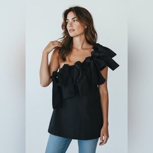 C/MEO Collective Black One Shoulder Ruffle Bow Blouse Top Party Cocktail Sz S